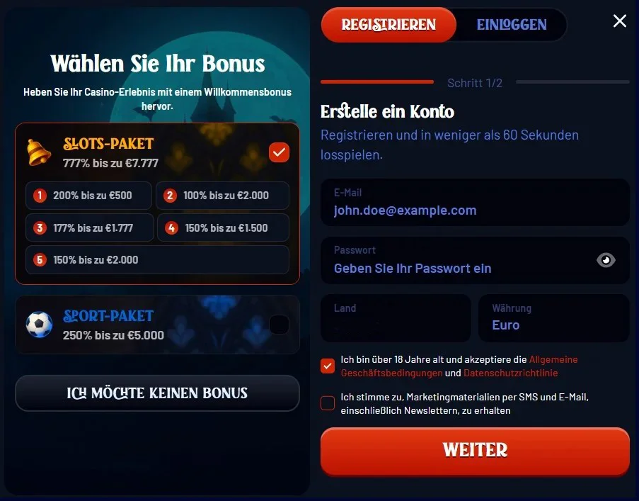 Registrierung bei Dracula Casino